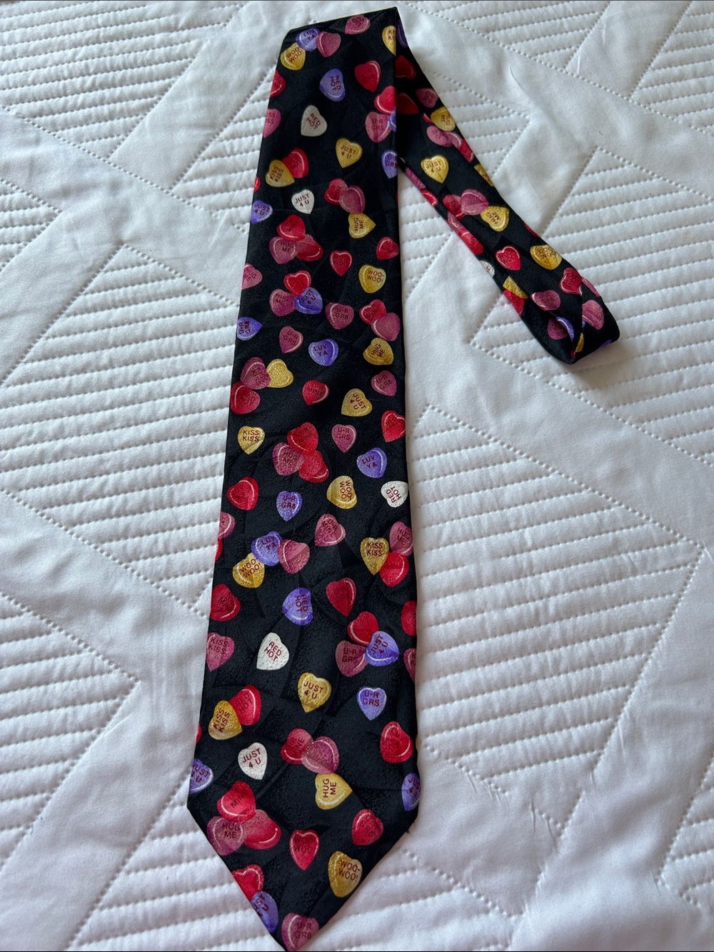 Hallmark men’s vintage Black Tie with Colorful Conversation Heart Print silk